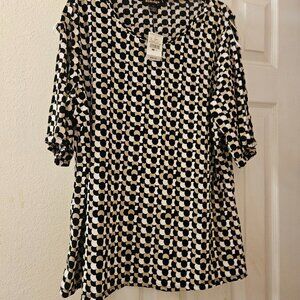 Polkadot black beige open sleeve rhinestone Career stretch Work Classy Top 16/18
